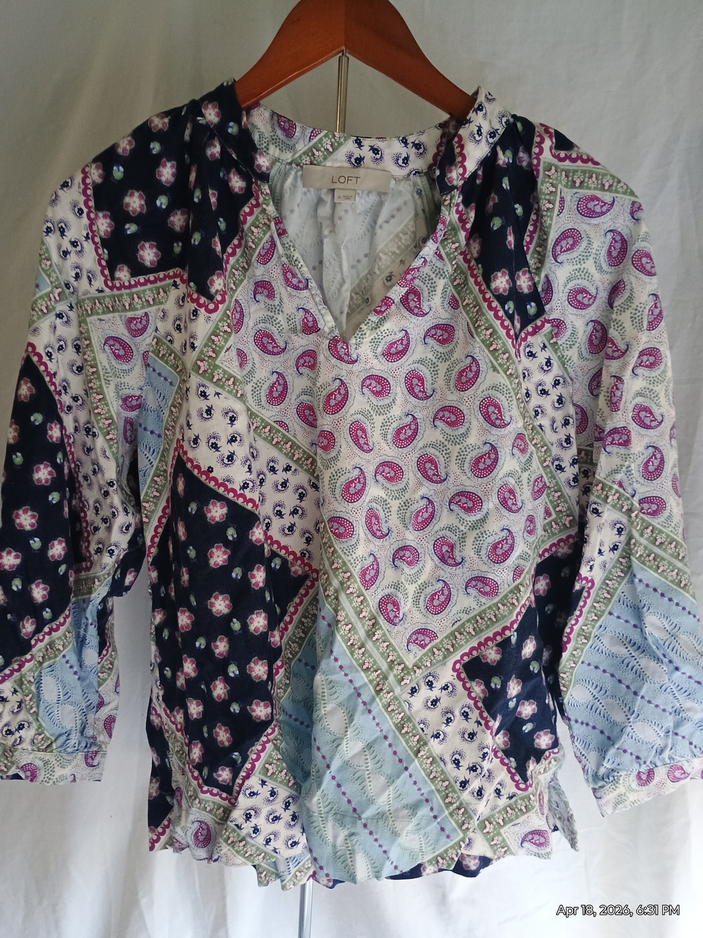 LOFT Paisley Patchwork Blouse in Navy & Pink